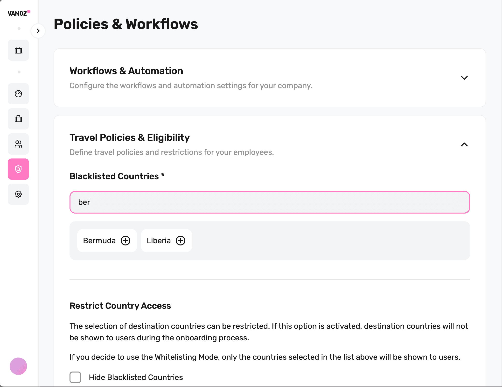 Preview of the Vamoz App Case Policy Settings