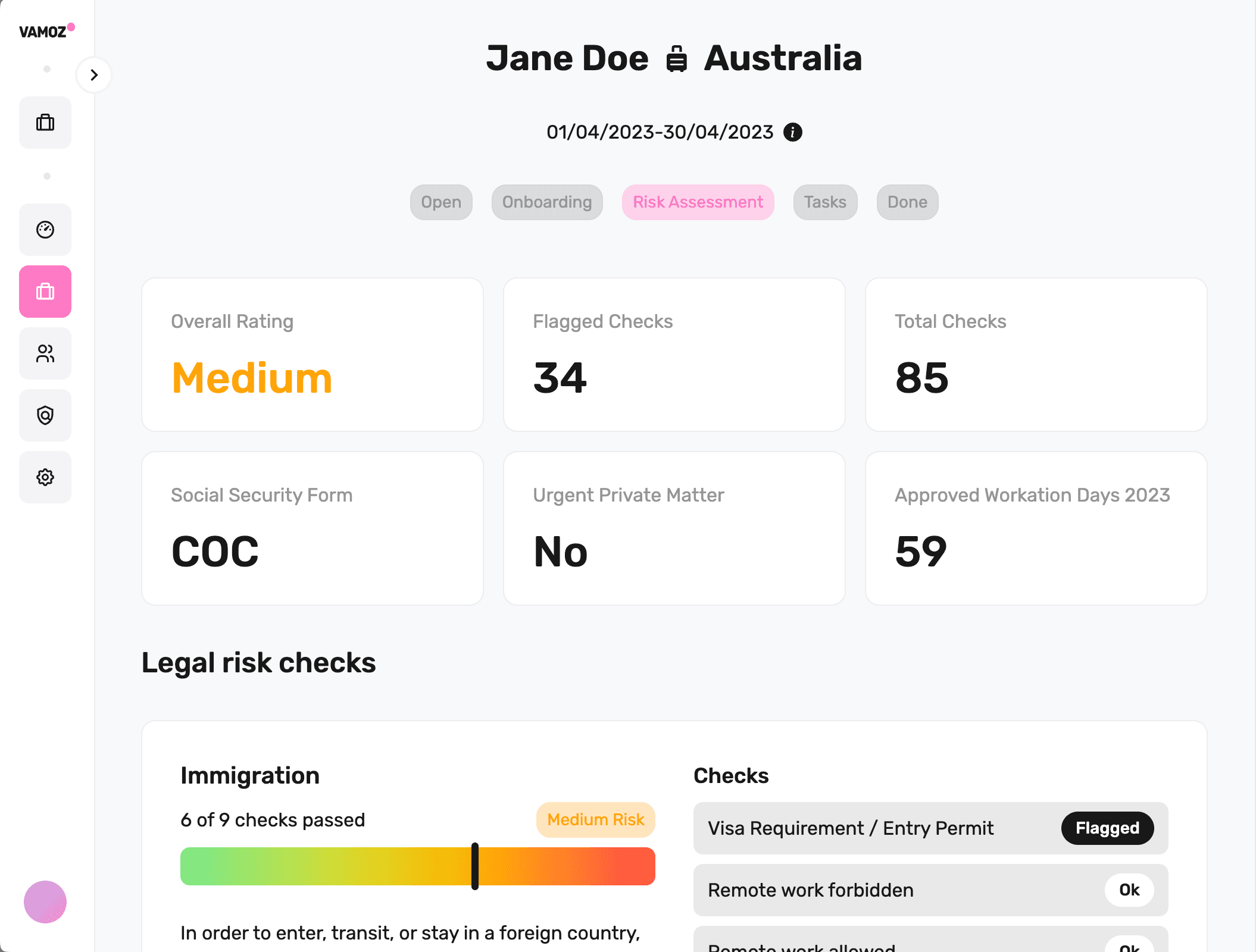 Preview of the Vamoz App Risk Assessment