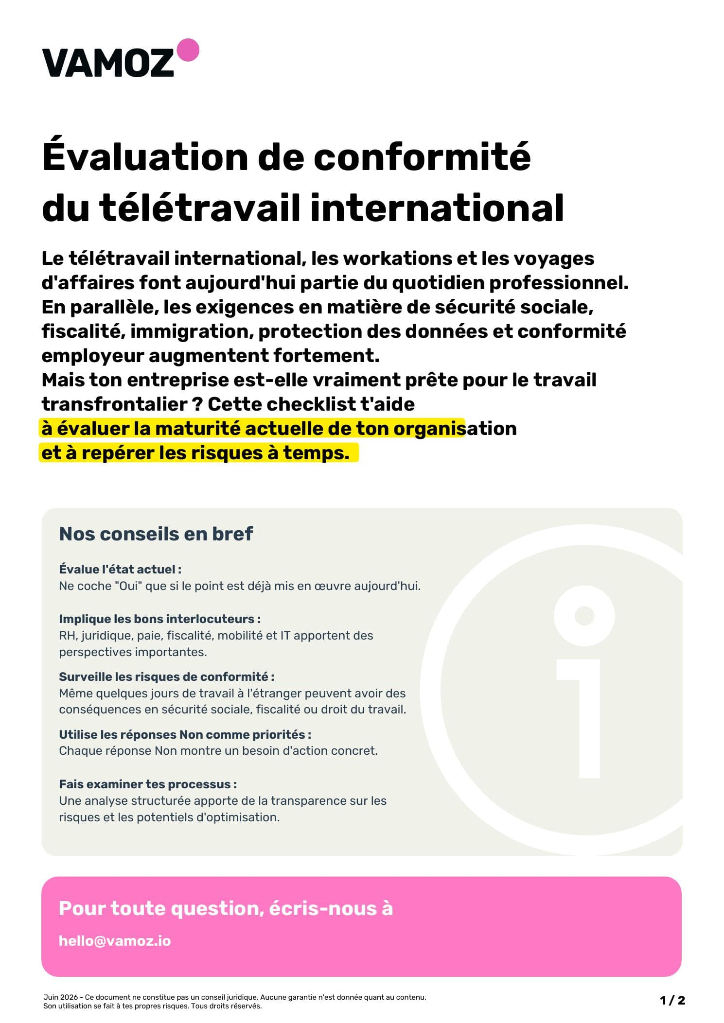 Aperçu français de l'évaluation de conformité du télétravail international